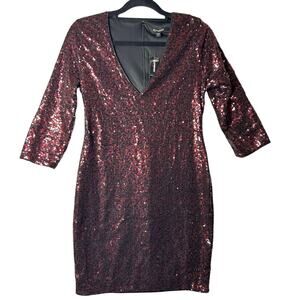 Express Dress Womens 6 Black Red V Neck 3/4 Sleeve Sequin Sparkle Prom Party NEW